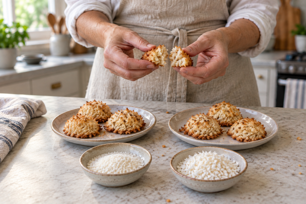 Desiccated Coconut Grades: Fine vs. Medium Baker comparing coconut cookie textures beside two bowls of desiccated coconut.