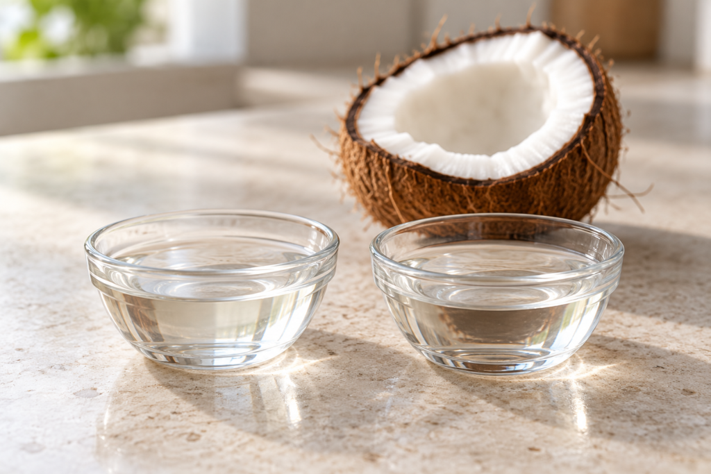 Two small glass bowls of coconut oil on a kitchen counter with a coconut half in the background.