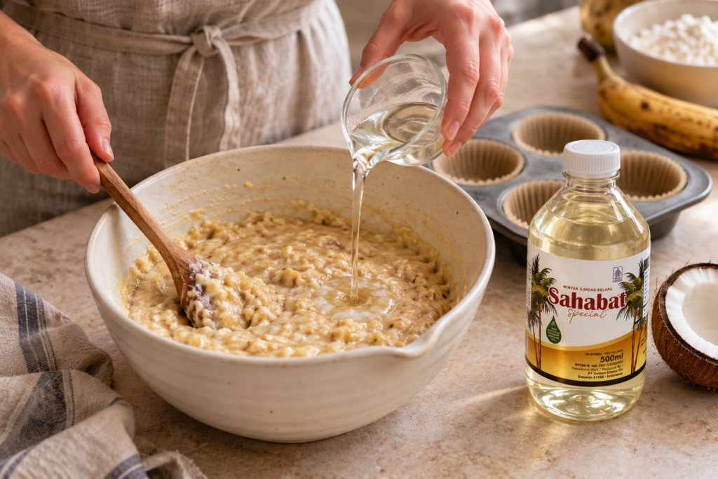 Can You Use Coconut Oil Instead of Butter in Baking? Using coconut oil instead of butter in banana muffin batter, with a Sahabat Special Coconut Oil bottle beside the bowl.