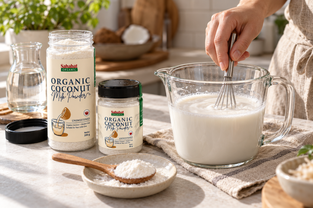 Mixing coconut milk powder with water in a glass jug beside Sahabat Organic 60 g and 200 g jars.