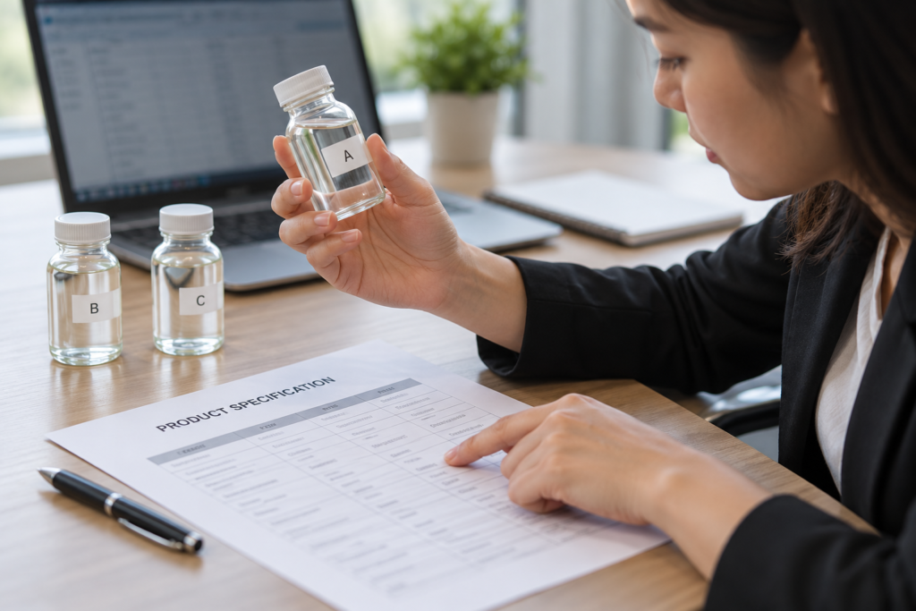 Buyer evaluating coconut oil samples alongside a supplier product specification sheet.
