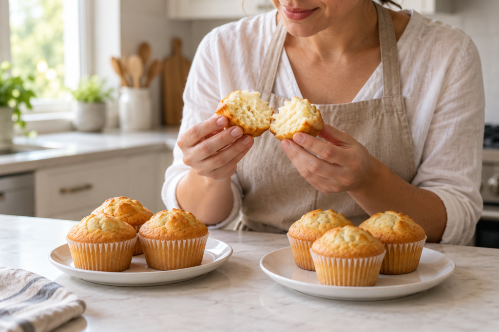Cook inspecting a split vanilla muffin beside two small batches of vanilla muffins.