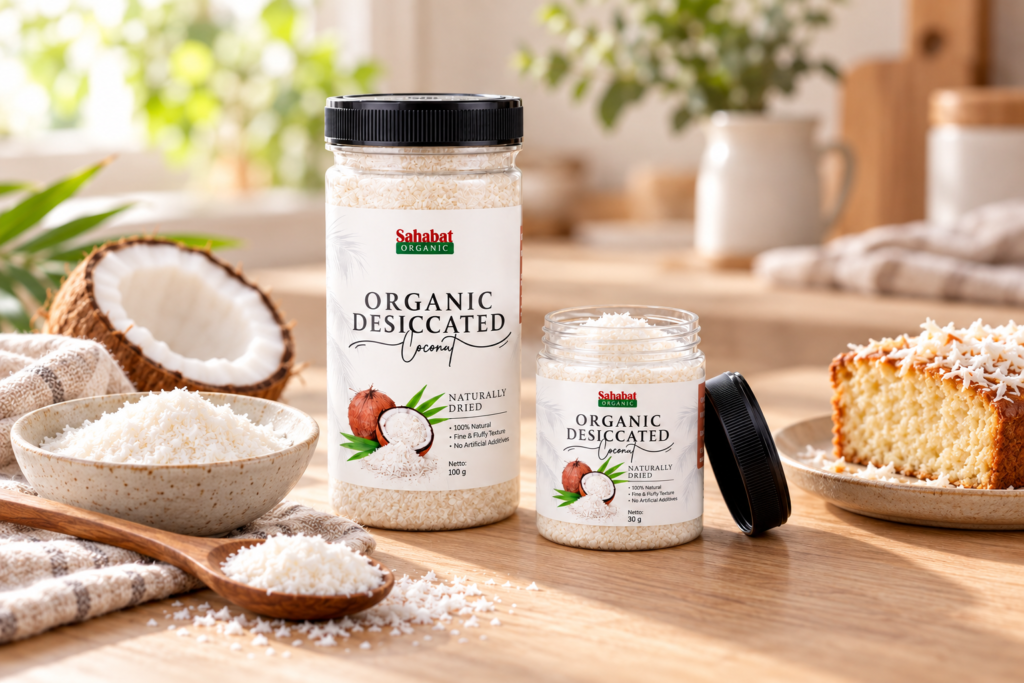 Sahabat Organic Desiccated Coconut in 100 g and 30 g jars beside dried coconut and a slice of coconut cake.
