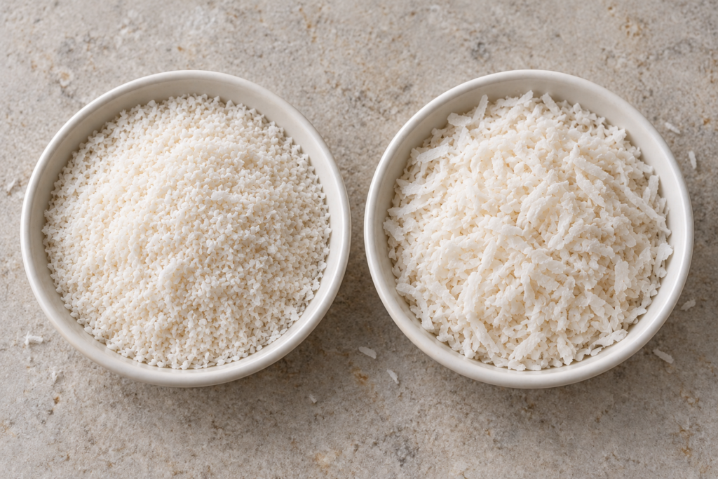 Desiccated Coconut Grades: Fine vs. Medium Fine and medium desiccated coconut grades displayed side by side in two shallow bowls.