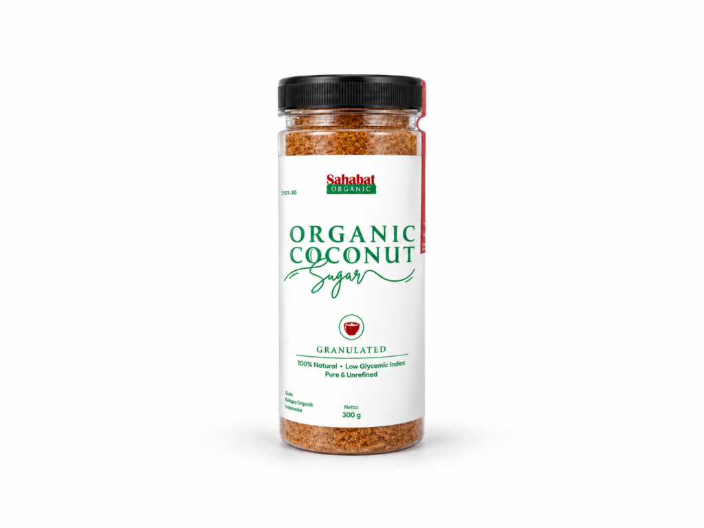 Sahabat organic granulated coconut sugar in a 300 g jar.
