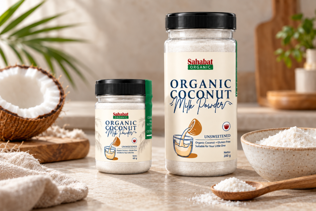 Sahabat Organic Coconut Milk Powder in 60 g and 200 g jars beside a coconut half and a bowl of powder.
