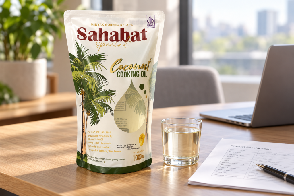 Sahabat Special coconut cooking oil pouch beside an oil sample and supplier specification sheet.