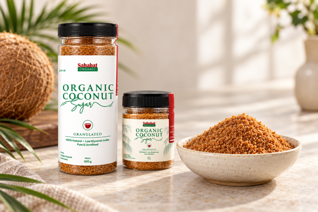 Sahabat organic coconut sugar in 300 g and 100 g jars beside a bowl of brown coconut sugar granules.