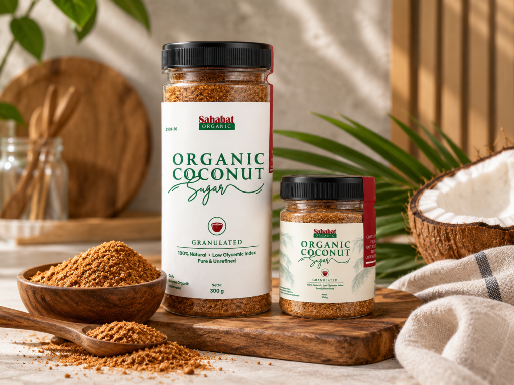 Sahabat Organic Coconut Sugar kemasan 300 g dan 100 g, dengan gula kelapa granula dalam mangkuk dan sendok kayu.