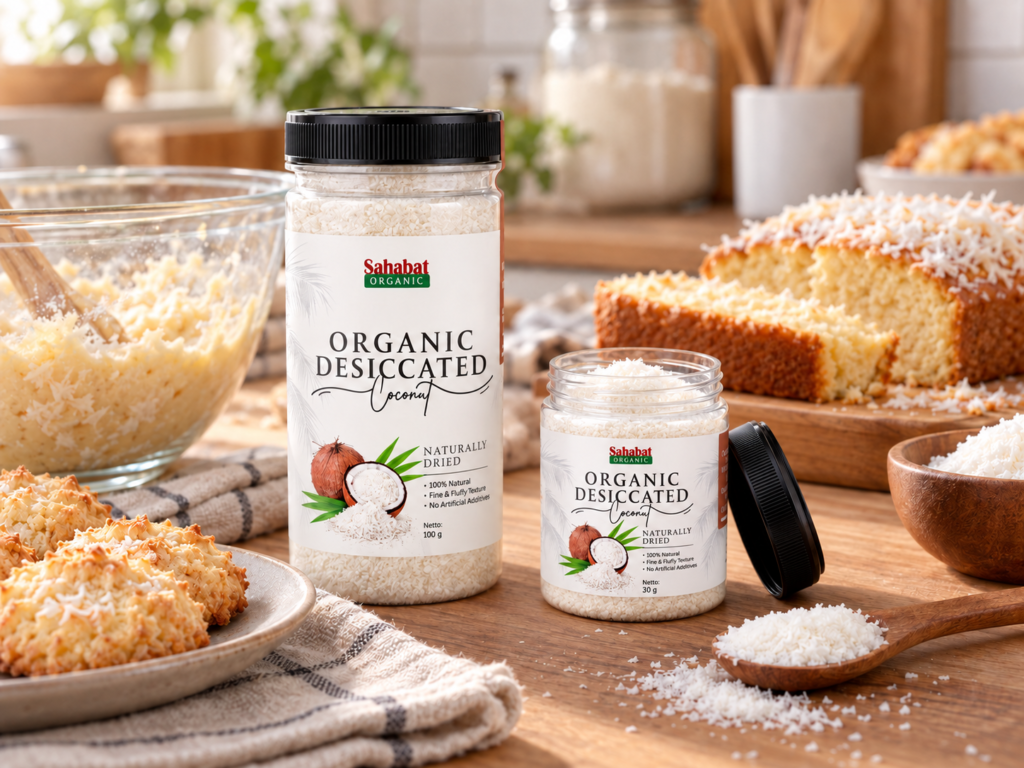What Is Desiccated Coconut? A Guide to Dried Coconut for Baking Sahabat Organic Desiccated Coconut in 100 g and 30 g jars beside coconut cake and macaroons.
